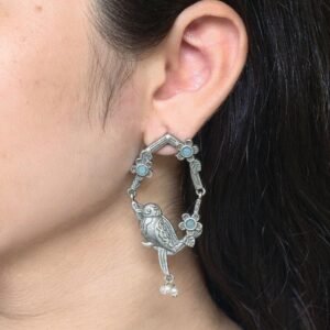 Traditional Silver Replica Parrot Design Dangler Earrings | Stone & Pearl Work Best Oxidized Jewelry