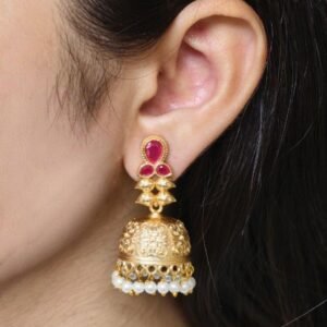 Gold Plated Floral Art Jhumka Dangler Earrings | Stone & Pearl Work Unique Jewelry