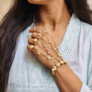 Elegant Gold Plated Flower Kashmiri Hathphool Stunning Traditional Hand Jewelry