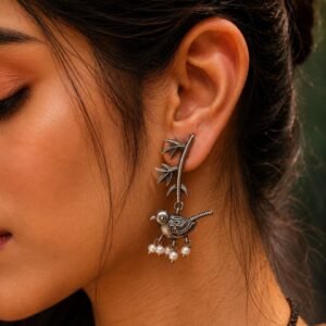 Oxidized Silver Look-Alike Bird Leaf Earrings – Unique Lightweight & Stylish