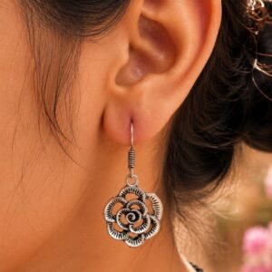 German Silver Flower Design Earrings | Unique Oxidized Hook Style Jewelry