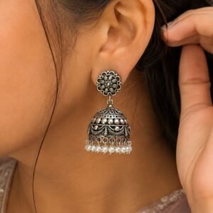 Elegant Flower Jhumka Oxidized Silver Jhumka Earrings for Pearl Work Detailing