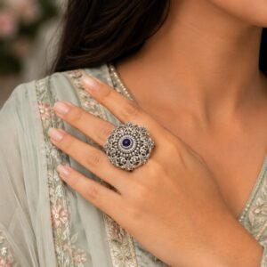 Designer Oxidised Floral Ring – Attractive Traditional Jewelry for Elegant Everyday Styling