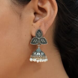 Stylish Silver Replica Jhumka with Adorable Oxidised Leaf Stud & Pearl Drops