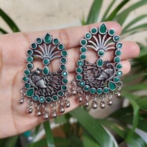 Oxidised German Silver Peacock Stone Stud Earrings For Girls